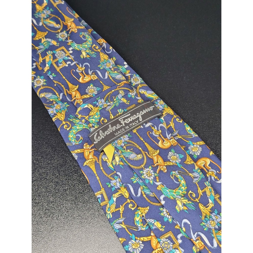 Salvatore Ferragamo Mens Silk Tie Blue Monkey Parrot Floral Made in Italy